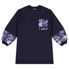 Girls Navy Blue Sequin Sweatshirt Dress, 1, hi-res