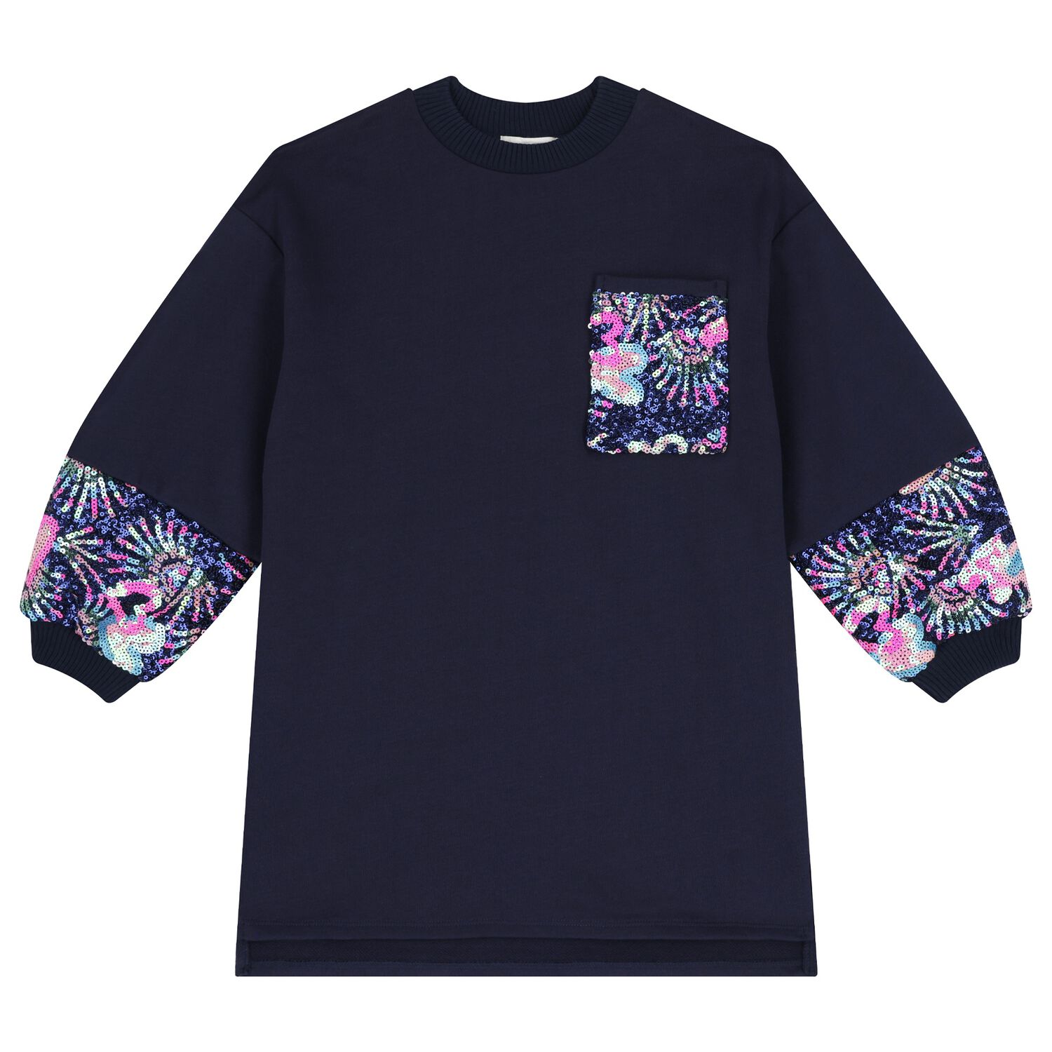 Girls Navy Blue Sequin Sweatshirt Dress, 1, hi-res image number null