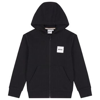 Boys Black Logo Hooded Zip Up Top