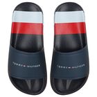 Boys Navy Blue Striped Logo Sliders, 1, hi-res