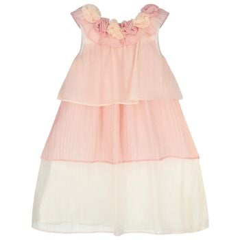 Girls Pink & Ivory Floral Tiered Chiffon Dress