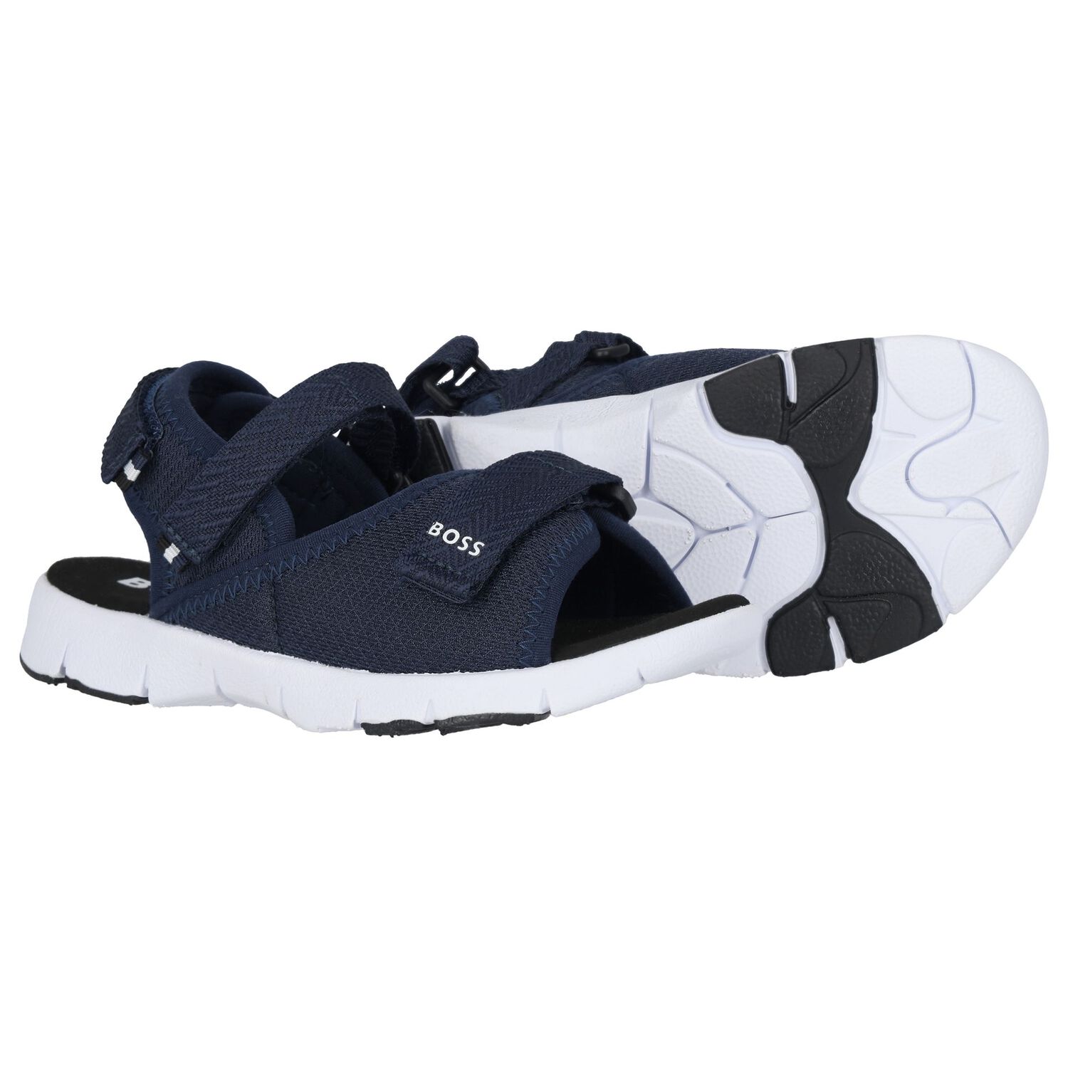 Boys Navy Blue Logo Sandals, 2, hi-res