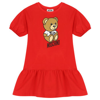 Girls Red Teddy Bear Logo Dress