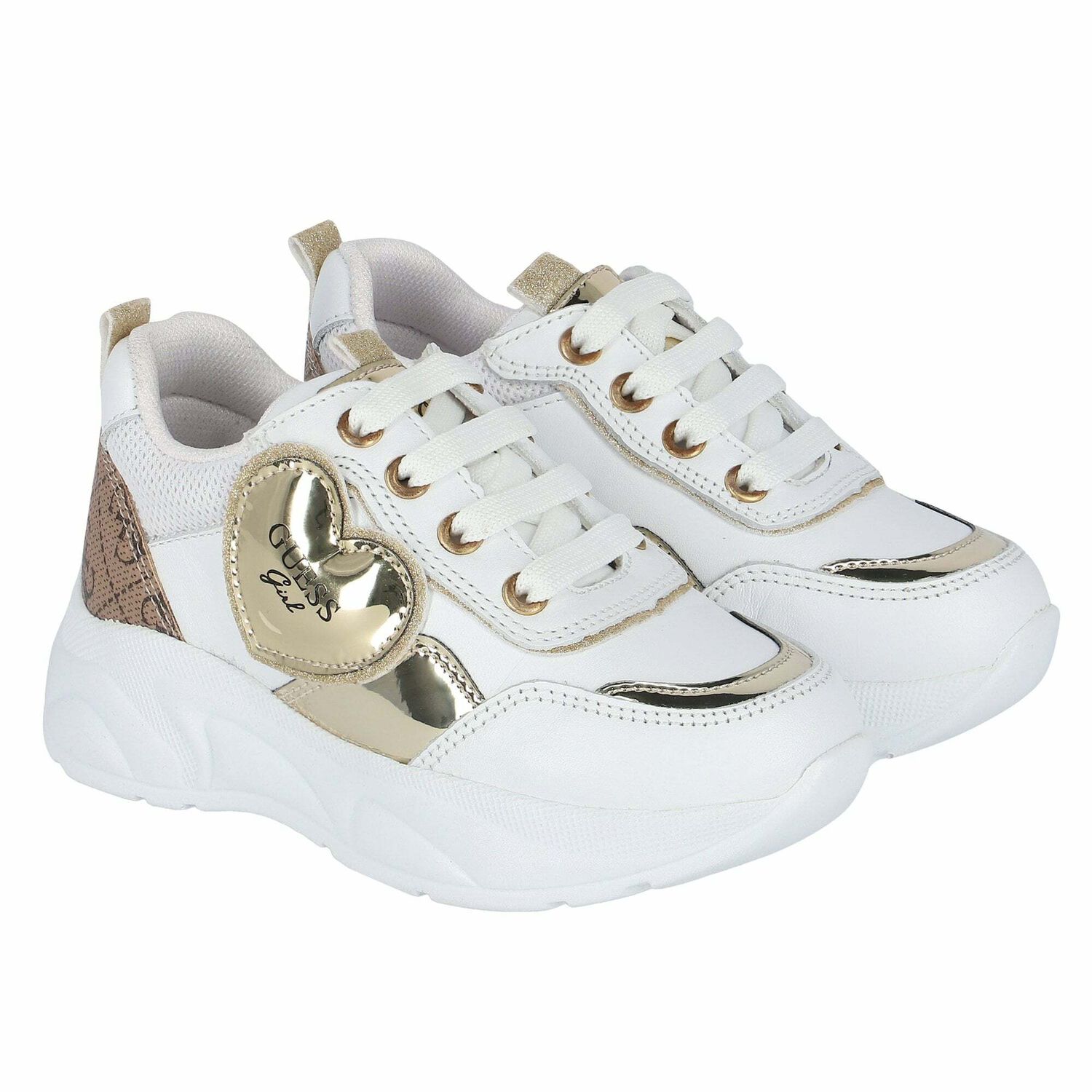 Girls White & Gold Logo Trainers, 1, hi-res