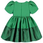 Girls Green Bow Pleated Twill Dress, 1, hi-res