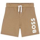 Younger Boys Beige Logo Shorts, 1, hi-res