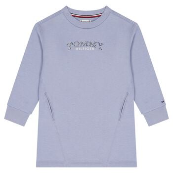 فستان بنات سويت شيرت بالشعار مزين بالزهور باللون الازرق 