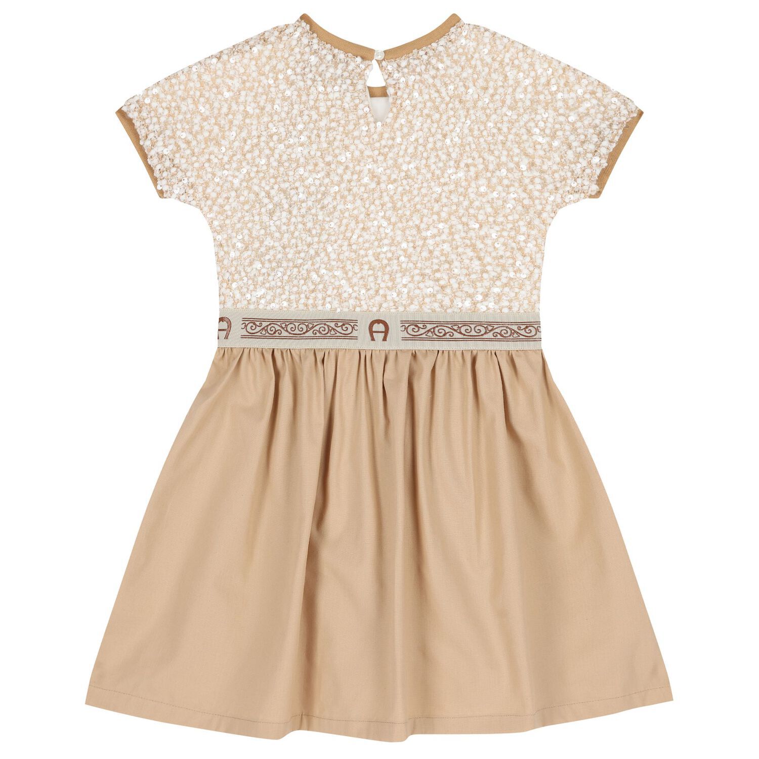 Girls Beige Lacy Knit Sequin Dress, 1, hi-res