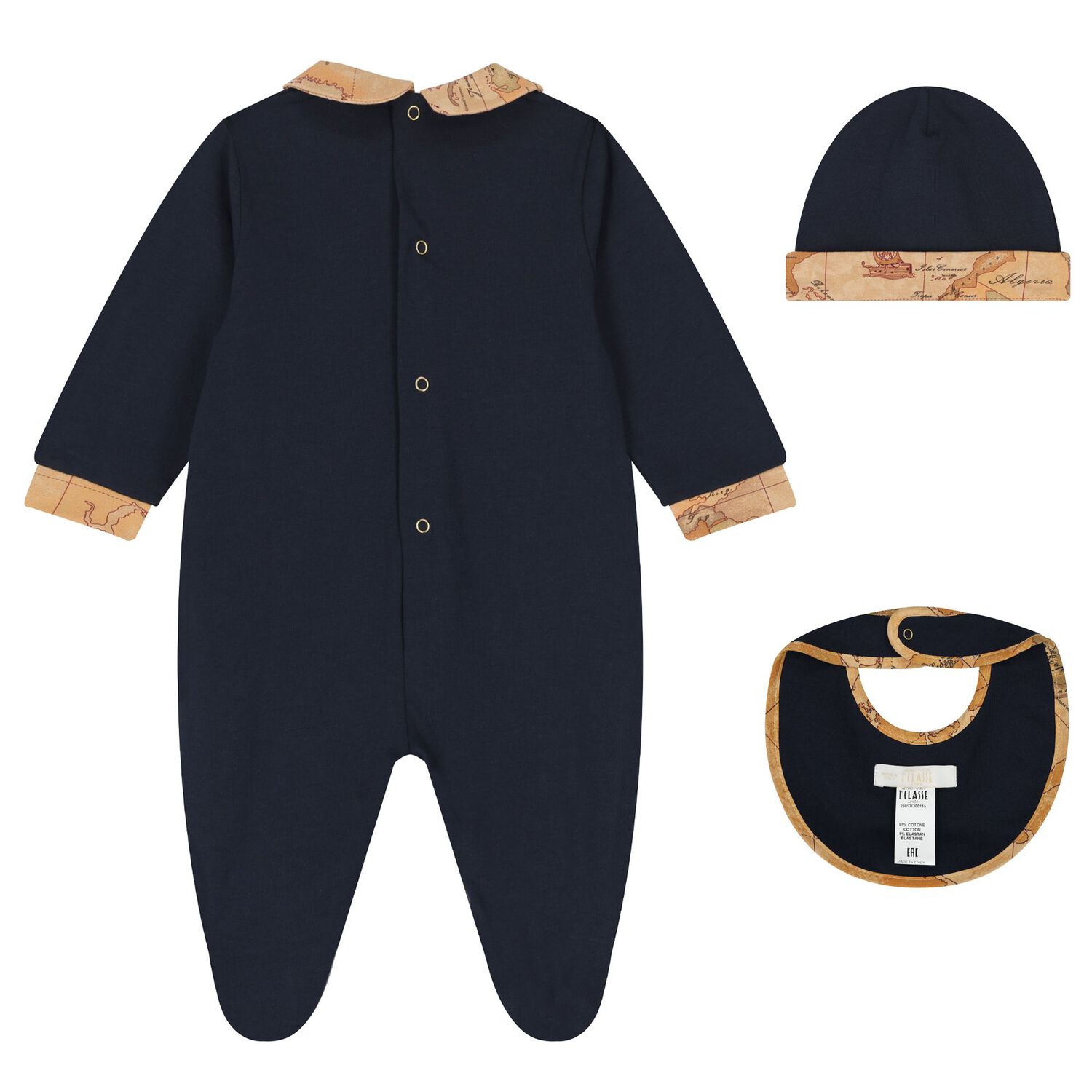 Baby Boys Navy Blue & Beige Geo Map Babygrow Gift Set, 4, hi-res