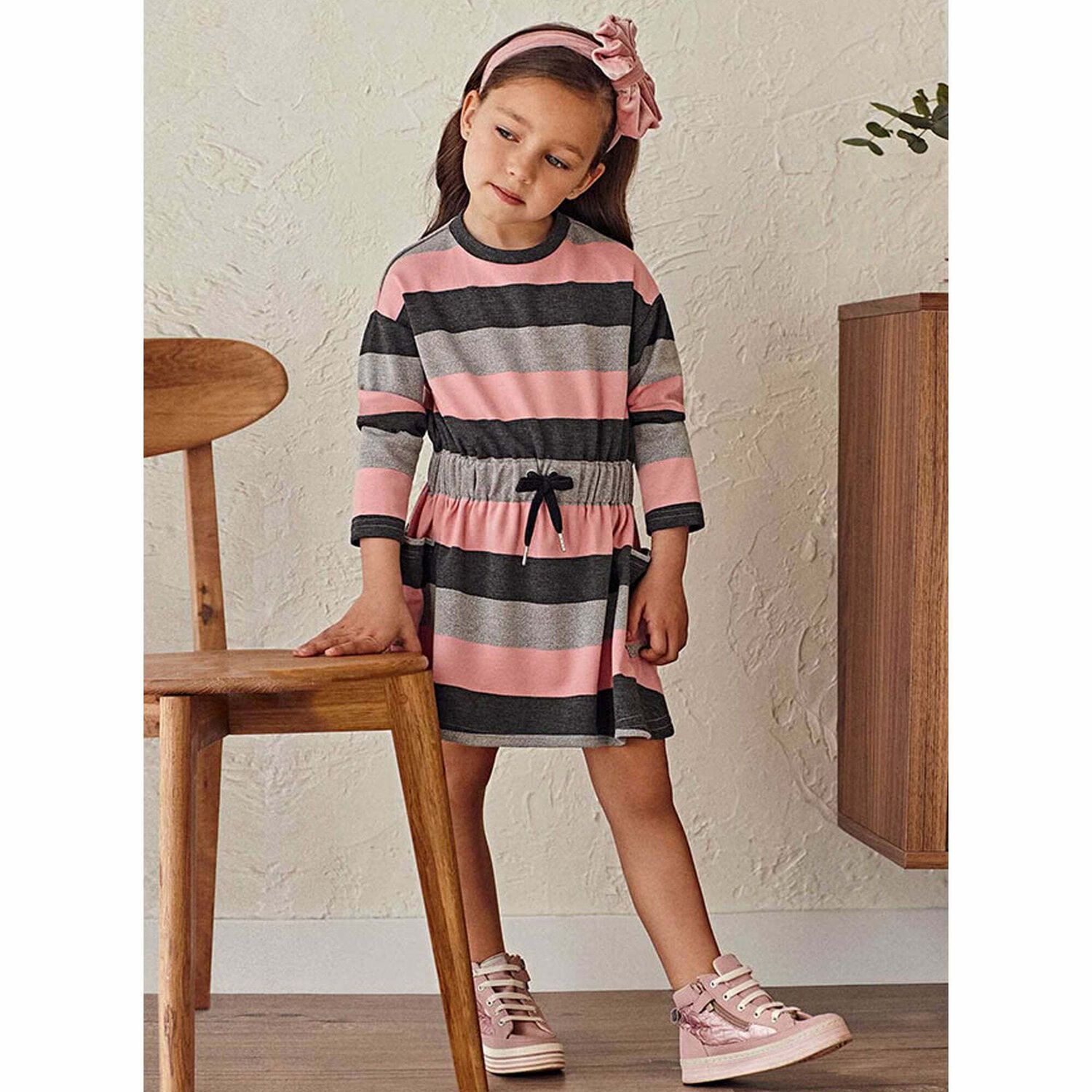 Girls Pink & Grey Striped Dress, 1, hi-res image number null