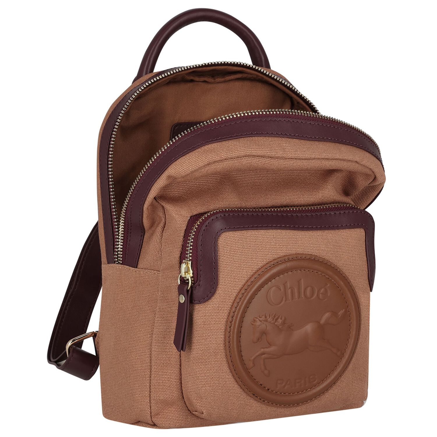 Girls Beige Canvas Horse Logo Backpack ( 26cm ), 1, hi-res