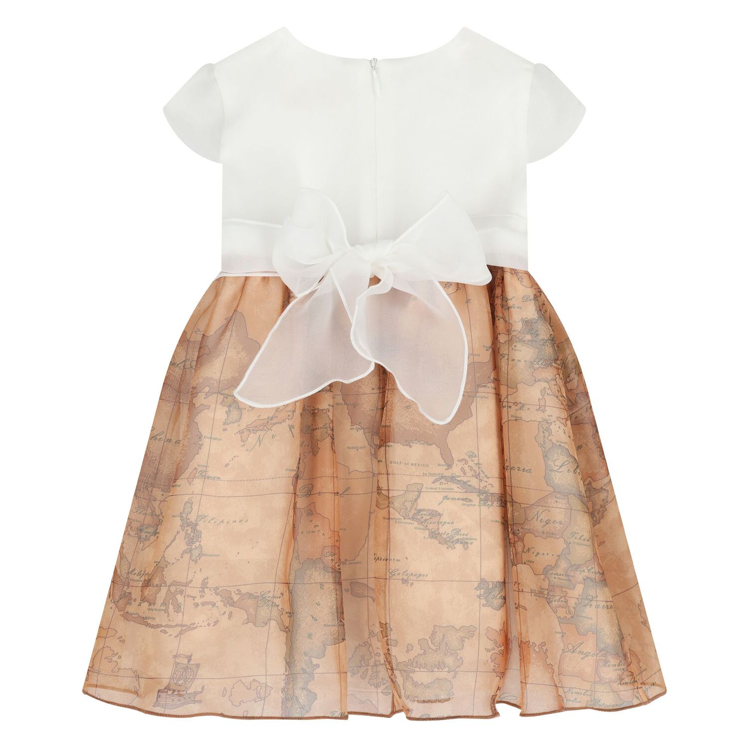 Younger Girls White & Beige Geo Map Dress, 1, hi-res