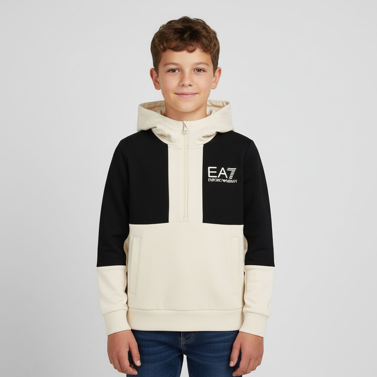 Boys Black & Ivory Logo Hooded Zip Up, 1, hi-res