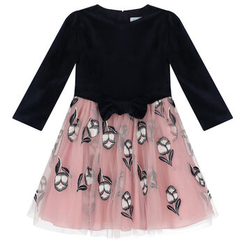 Girls Navy & Pink Velvet Dress