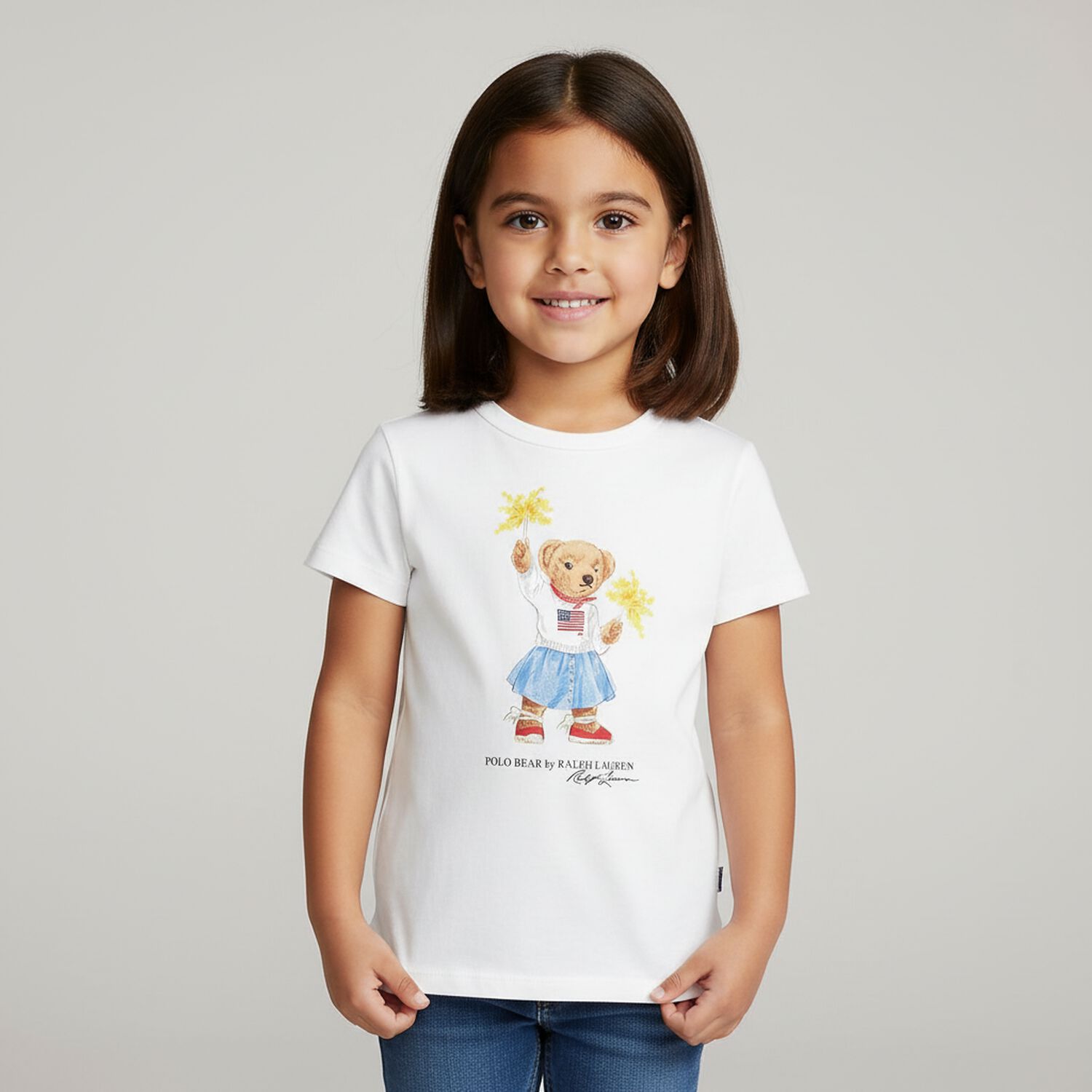 Girls White Polo Bear T-Shirt, 1, hi-res