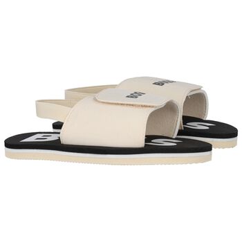 Boys Beige & Black Logo Sandals