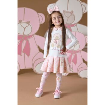 Girls White & Pink Pleated Dress