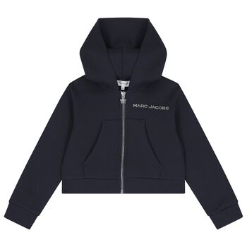 Girls Navy Blue Logo Hooded Zip Up Top