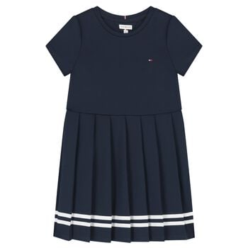 Girls Navy Blue Logo Pleated Dress