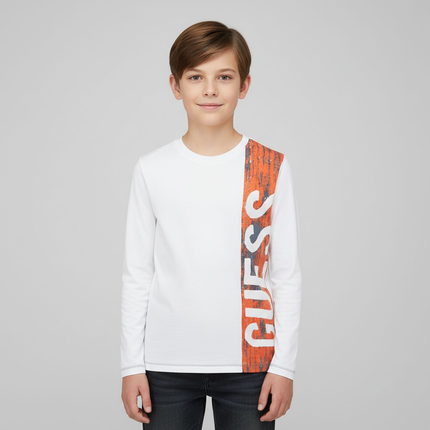 Boys White Logo Long Sleeve Top, 3, hi-res
