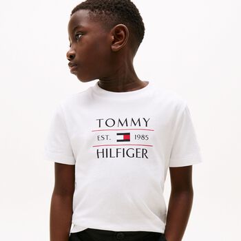 Boys White Flag Logo Cotton T-Shirt