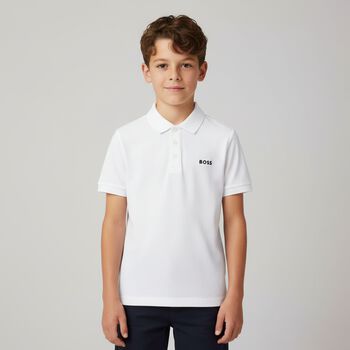 Boys White Logo Polo Shirt, 2 Boys White Logo Polo Shirt