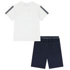 Boys White & Navy Blue Shorts Set, 1, hi-res