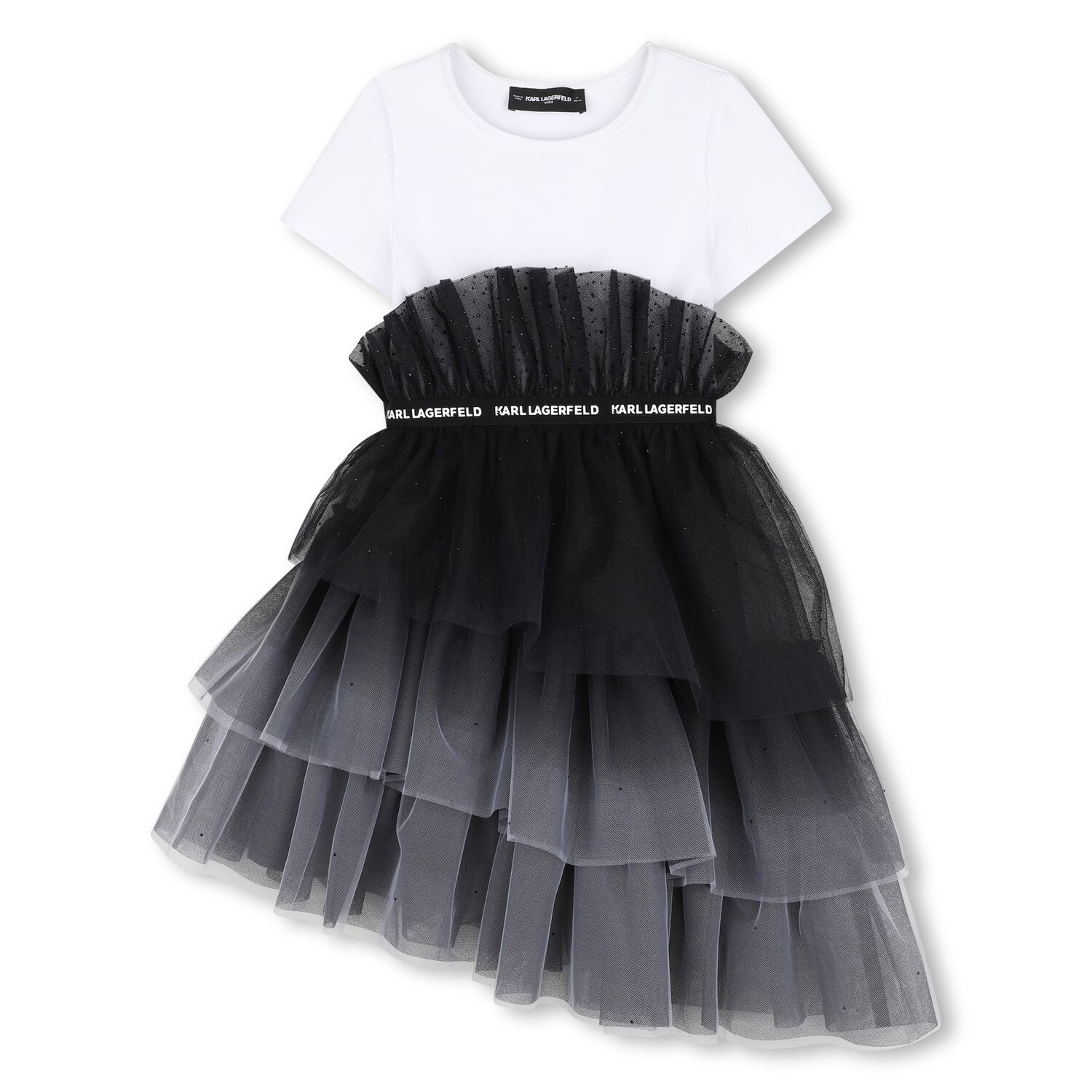 Girls White & Black Tulle T-Shirt Dress, 1, hi-res