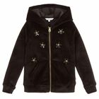 Girls Black Velour Hooded Top, 1, hi-res