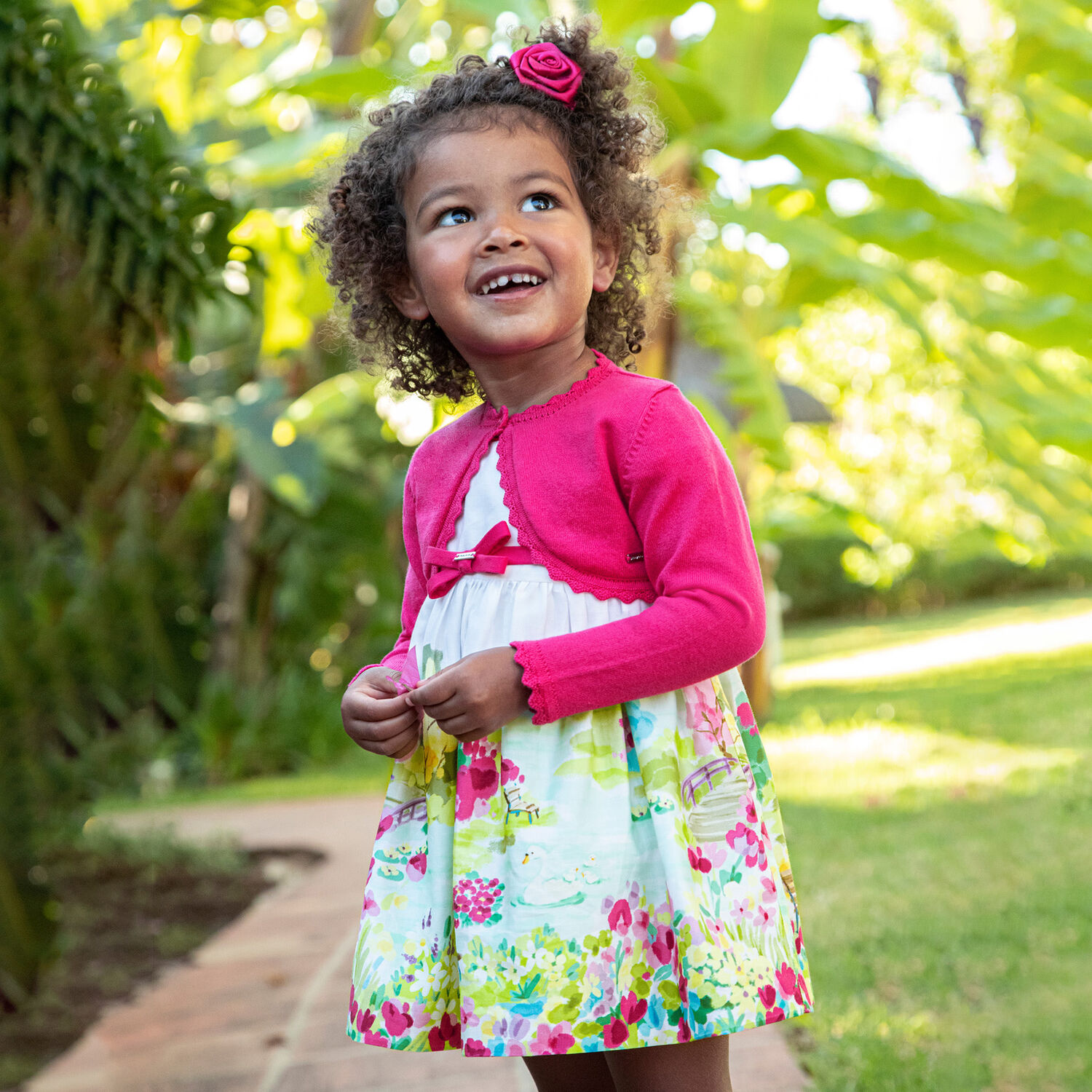 Younger Girls White & Pink Floral Dress, 1, hi-res image number null