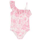 Girls White & Pink Palm Tree Swimsuit, 1, hi-res