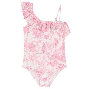 Girls White & Pink Palm Tree Swimsuit