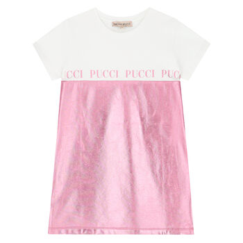 Girls White & Pink Metallic Logo Dress