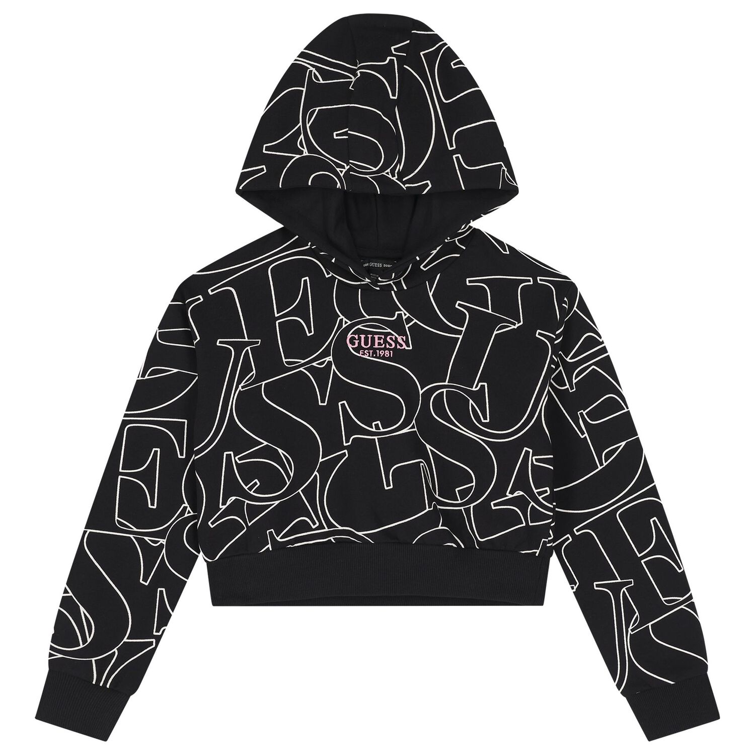 Girls Black Logo Hooded Top, 2, hi-res