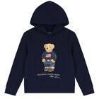 Boys Navy Blue Polo Bear Hooded Top, 1, hi-res