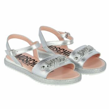 Girls Silver Leather Logo Sandals
