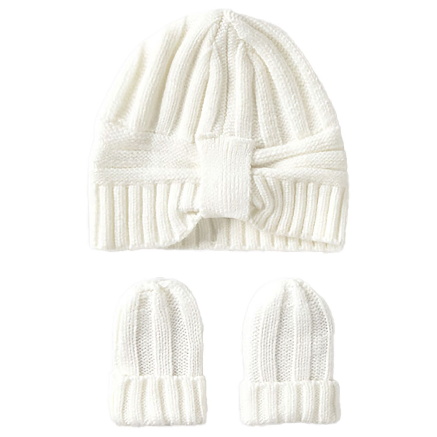 Baby Girls Ivory Knitted Hat & Mittens Set, 1, hi-res