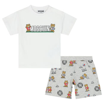 Younger Boys White & Grey Teddy Bear Shorts Set