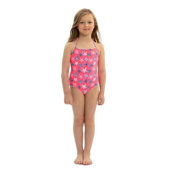 Girls Neon Pink Starfish Ruched Swimsuit