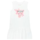 Girls White Cotton Floral Logo Dress, 1, hi-res
