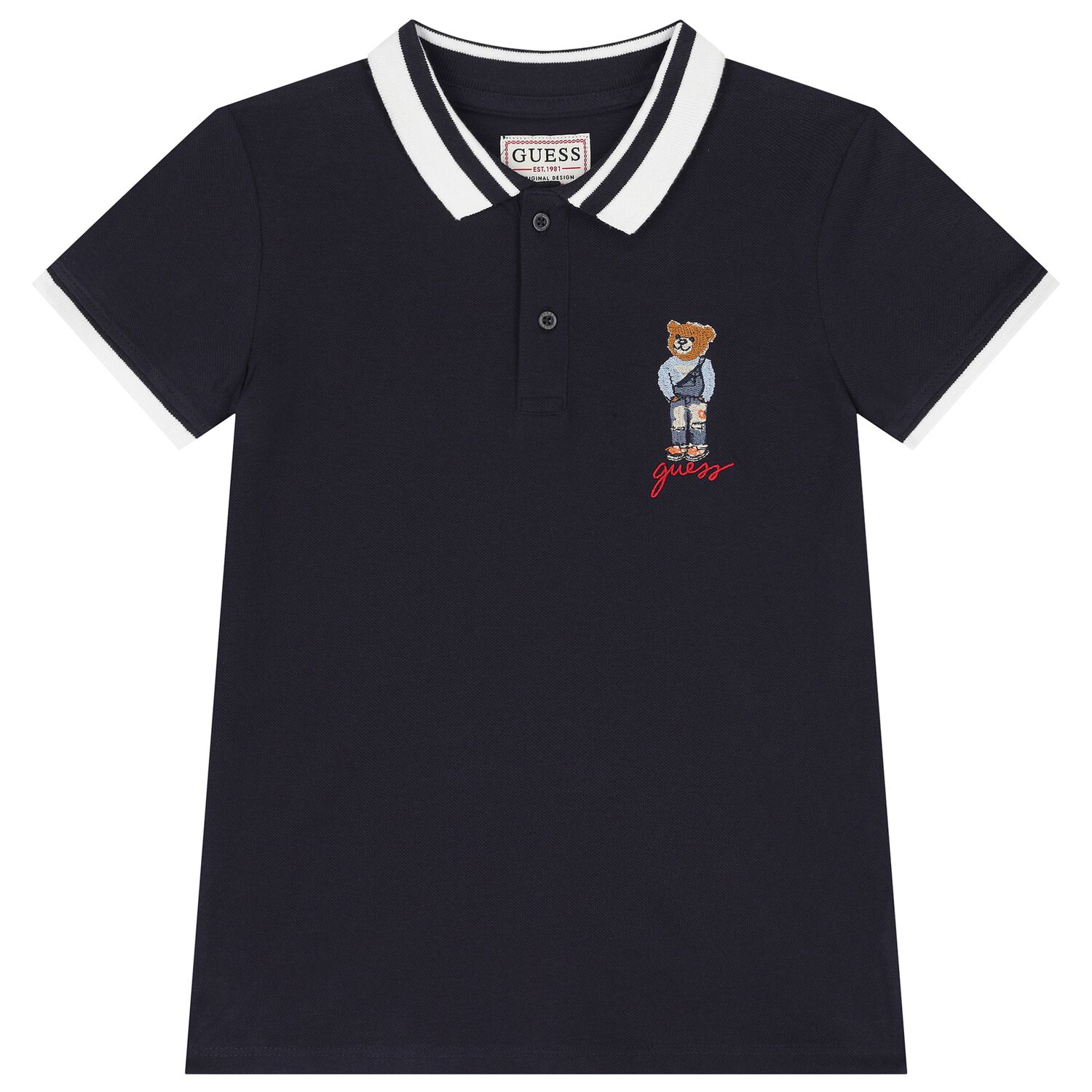 Boys Navy Blue Teddy Bear Polo Shirt, 2, hi-res