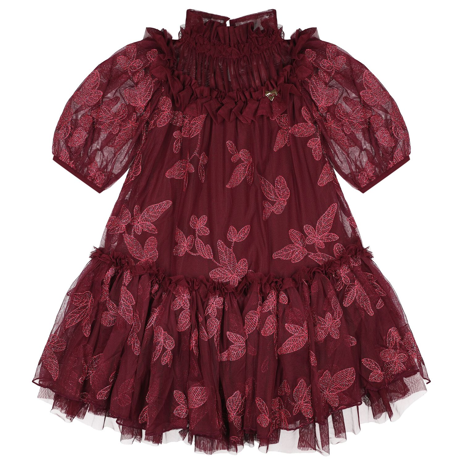 Girls Burgundy Leaf Embroidery Tulle Myrtisa Dress, 3, hi-res