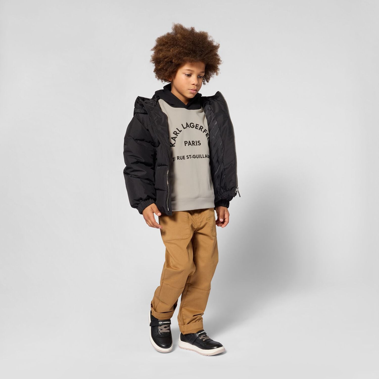 Boys Beige & Black Logo Hooded Top, 1, hi-res