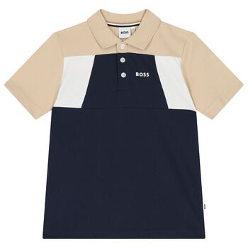 BOSS Boys Navy Blue & Beige Polo Shirt, 1 Boys Navy Blue & Beige Polo Shirt