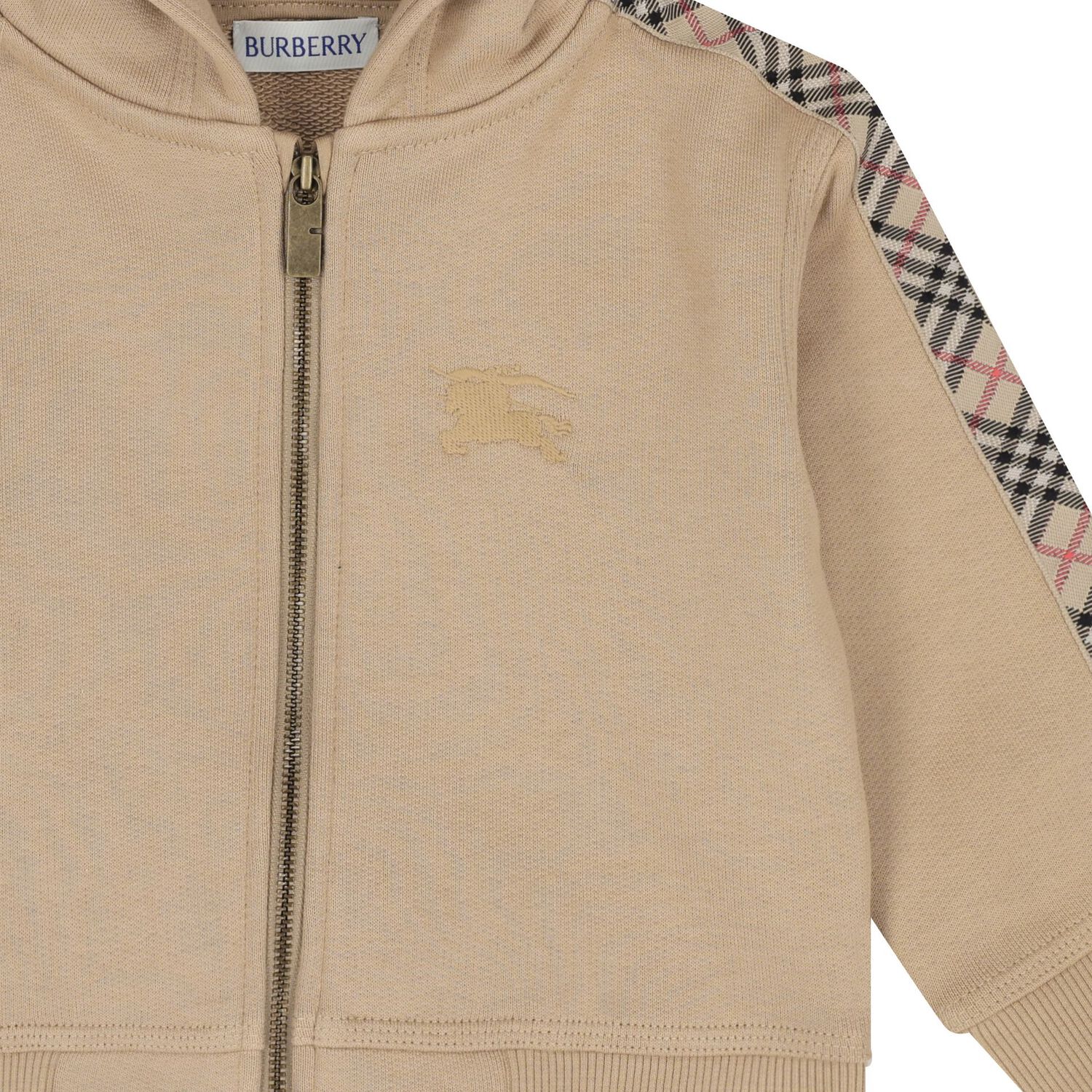 Beige Check Logo Baby Hooded Zip Up Top, 1, hi-res image number null