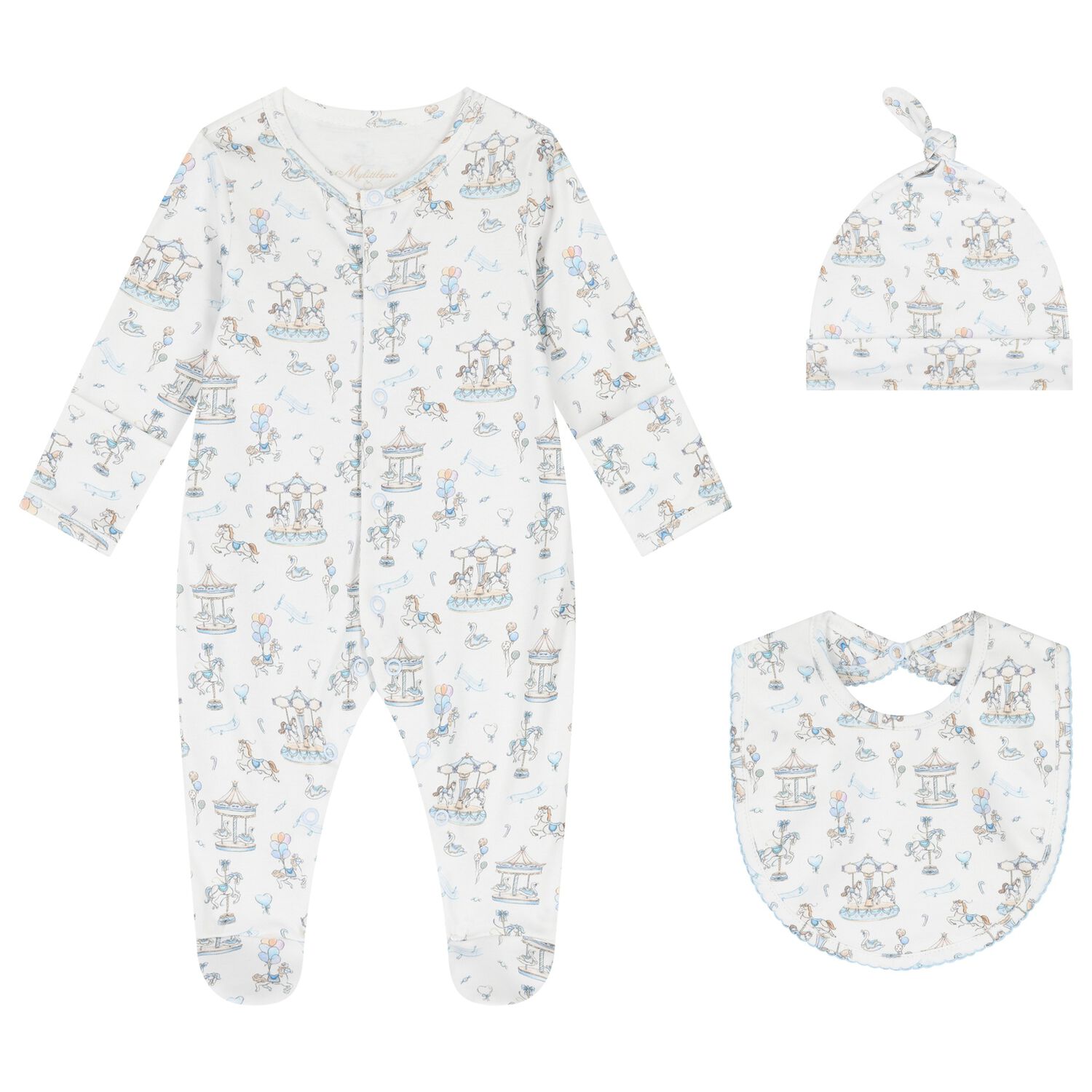 Baby Boys Blue & White Carousel Babygrow Gift Set (3 Piece), 1, hi-res image number null