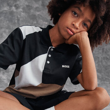 Boys Black, White & Beige Logo Polo Shirt