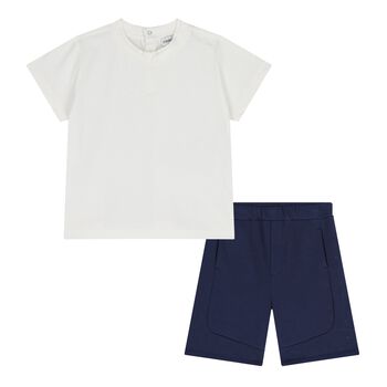 Baby Boys White & Navy Blue Logo Shorts Set