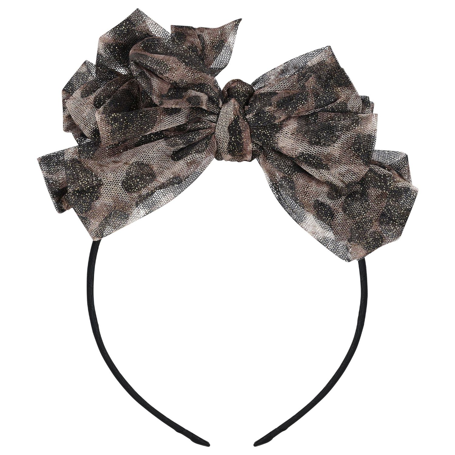 Girls Black & Beige Leopard Bow Headband, 2, hi-res