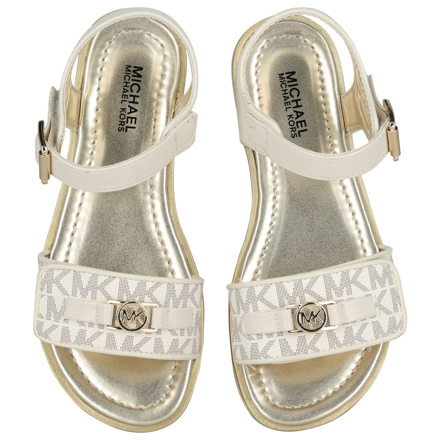 Girls Ivory & Gold Logo Sandals, 1, hi-res